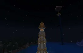 Lit Minecraft ocean lighthouse at night, shared by the Odyssey Lands crew