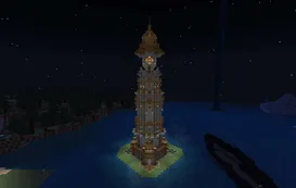 Minecraft lighthouse glowing above the water at night