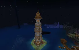 Minecraft lighthouse viewed across the ocean at night