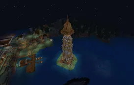 Minecraft lighthouse and shoreline settlement at night